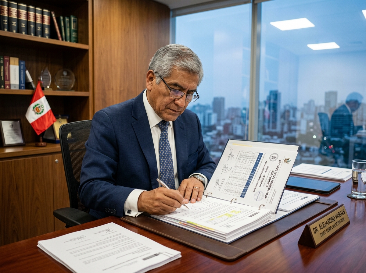 Oficial de cumplimiento de Qualtra Global SAC revisando dictamen de homologación MINTRA