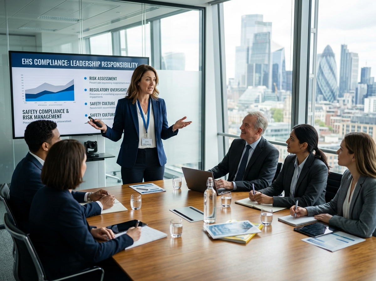Consultora senior liderando taller presencial de seguridad y salud en el trabajo