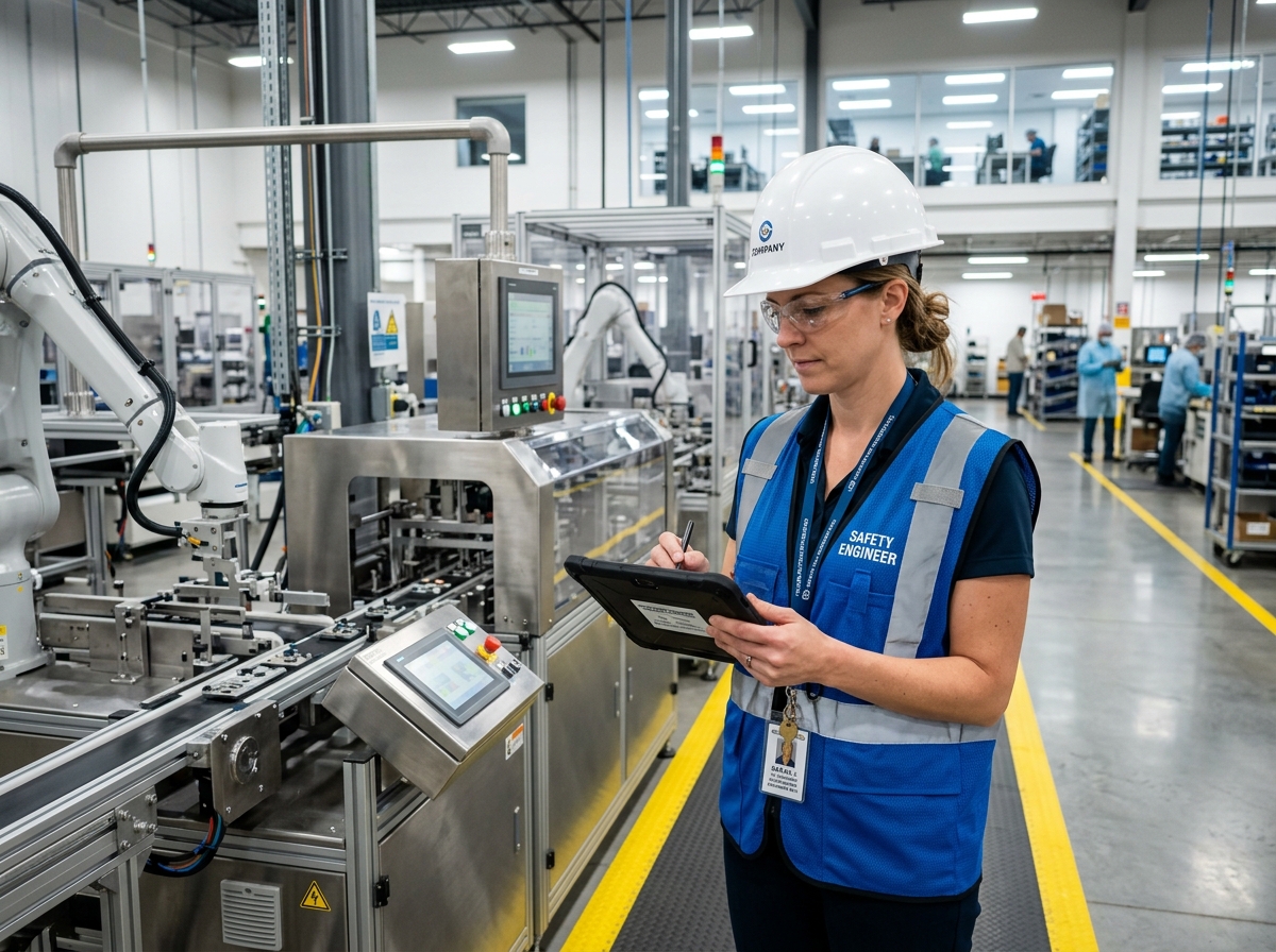 Ingeniera de seguridad y salud en el trabajo inspeccionando planta industrial con tablet